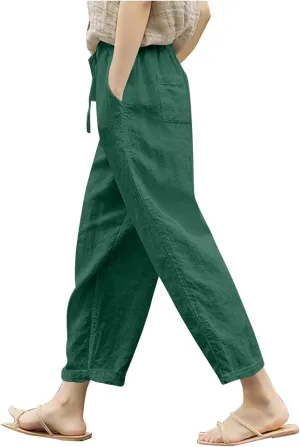 Women Linen Capri Pants Lightweight Cotton Linend Summer Pants Casual Beach Drawstring Elastic Waist Trousers