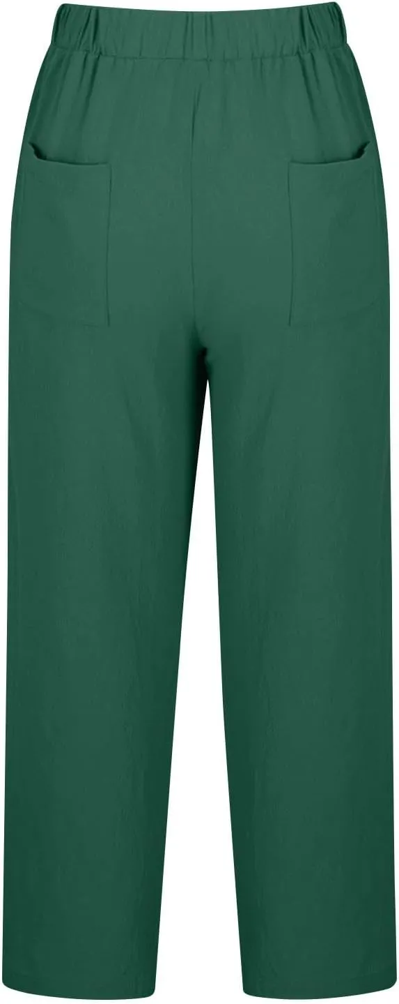 Women Linen Capri Pants Lightweight Cotton Linend Summer Pants Casual Beach Drawstring Elastic Waist Trousers