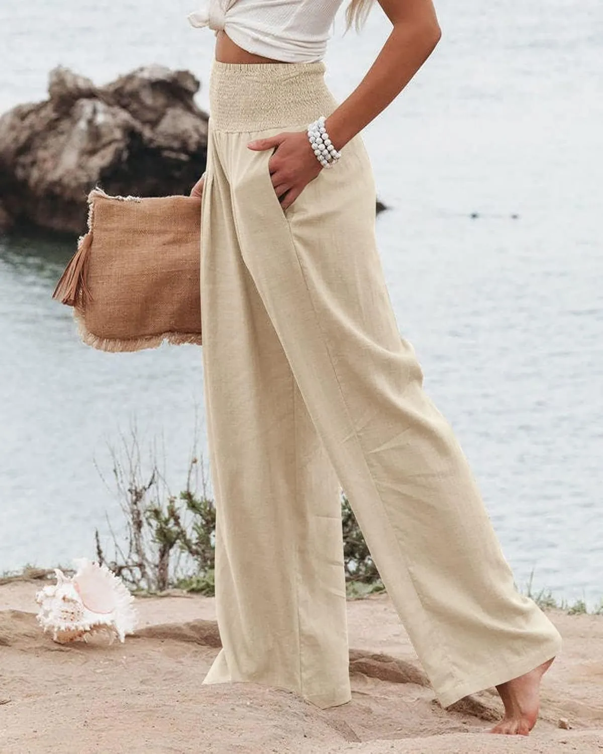 Women Linen Palazzo Pants Summer High Waisted Pants Wide Leg Long Lounge Pant Vacation Casual Trousers with Pocket