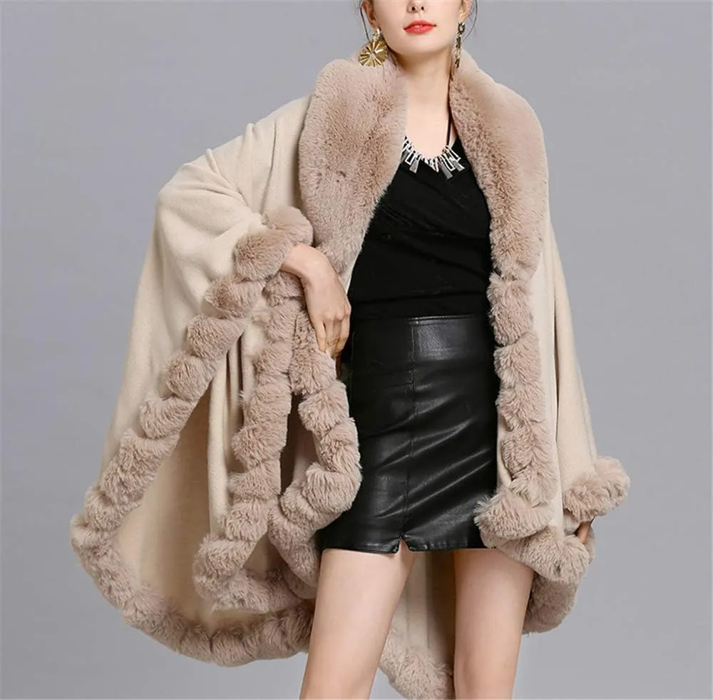 Women Loose Ponchos Faux Fox Fur Oversize Cape Open Front Thicken Knitted Cloak