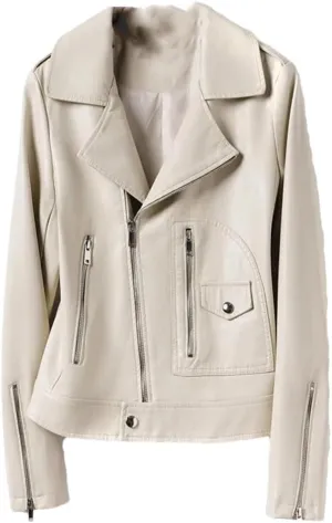 Women Moto Biker Sheep Leather Jackets Short Diagonal Zipper Real Split Sheepskin Jackets Coats