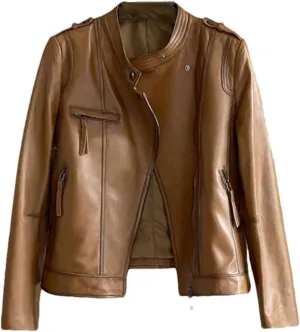 Women Oil Wax Sheepskin Jacket Spring Short Stand Collar Office Work Coat Vintage Moto Biker Genuine Leather Jacket