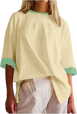 Women Oversized Color Block 3/4 Sleeve T Shirt Crewneck Patchwork Split Hem Shirt Casual Loose Summer Tee Tops