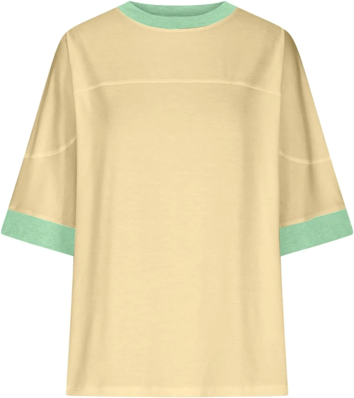 Women Oversized Color Block 3/4 Sleeve T Shirt Crewneck Patchwork Split Hem Shirt Casual Loose Summer Tee Tops