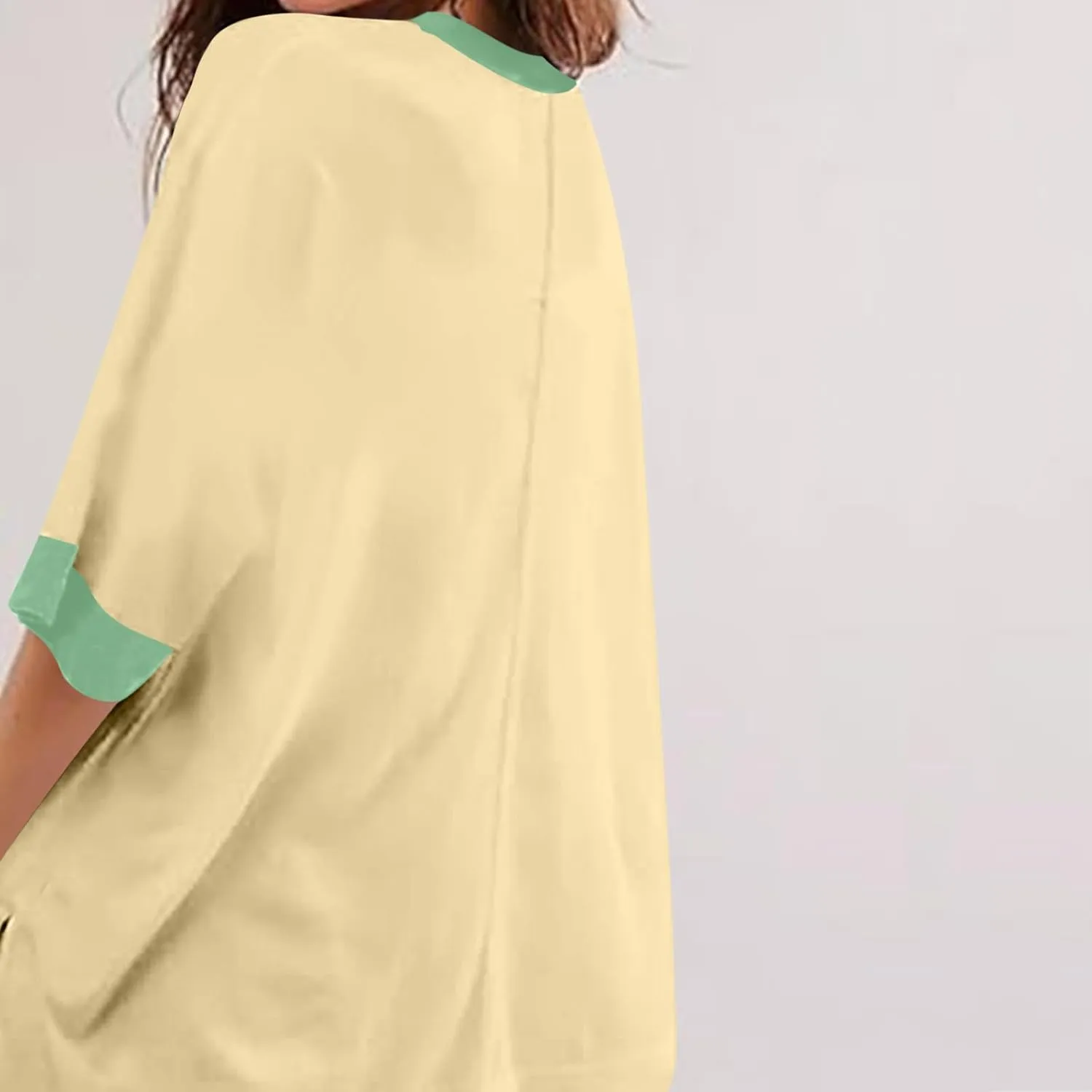 Women Oversized Color Block 3/4 Sleeve T Shirt Crewneck Patchwork Split Hem Shirt Casual Loose Summer Tee Tops