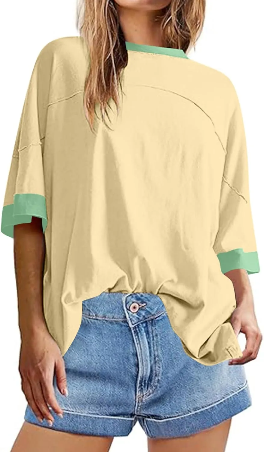 Women Oversized Color Block 3/4 Sleeve T Shirt Crewneck Patchwork Split Hem Shirt Casual Loose Summer Tee Tops
