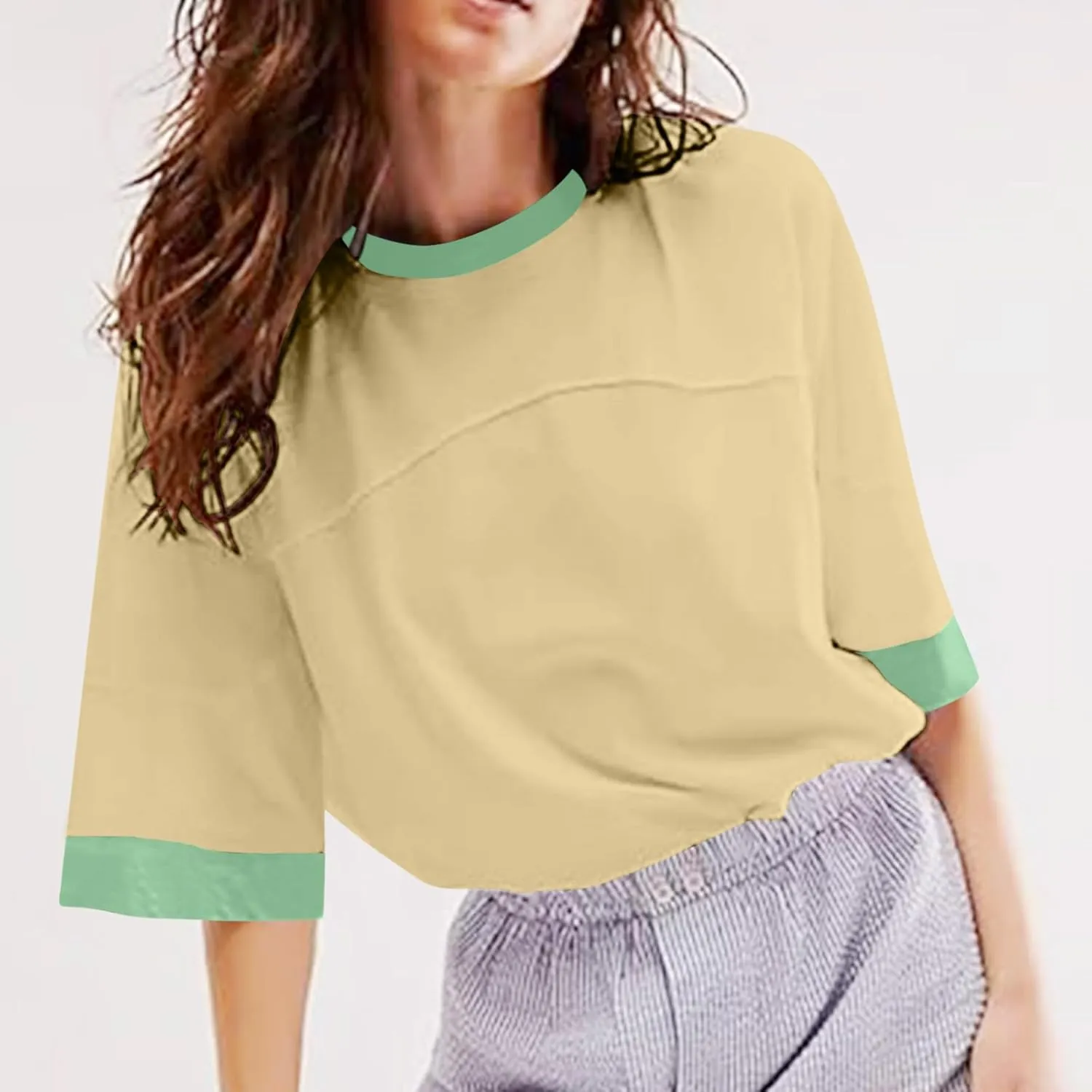 Women Oversized Color Block 3/4 Sleeve T Shirt Crewneck Patchwork Split Hem Shirt Casual Loose Summer Tee Tops