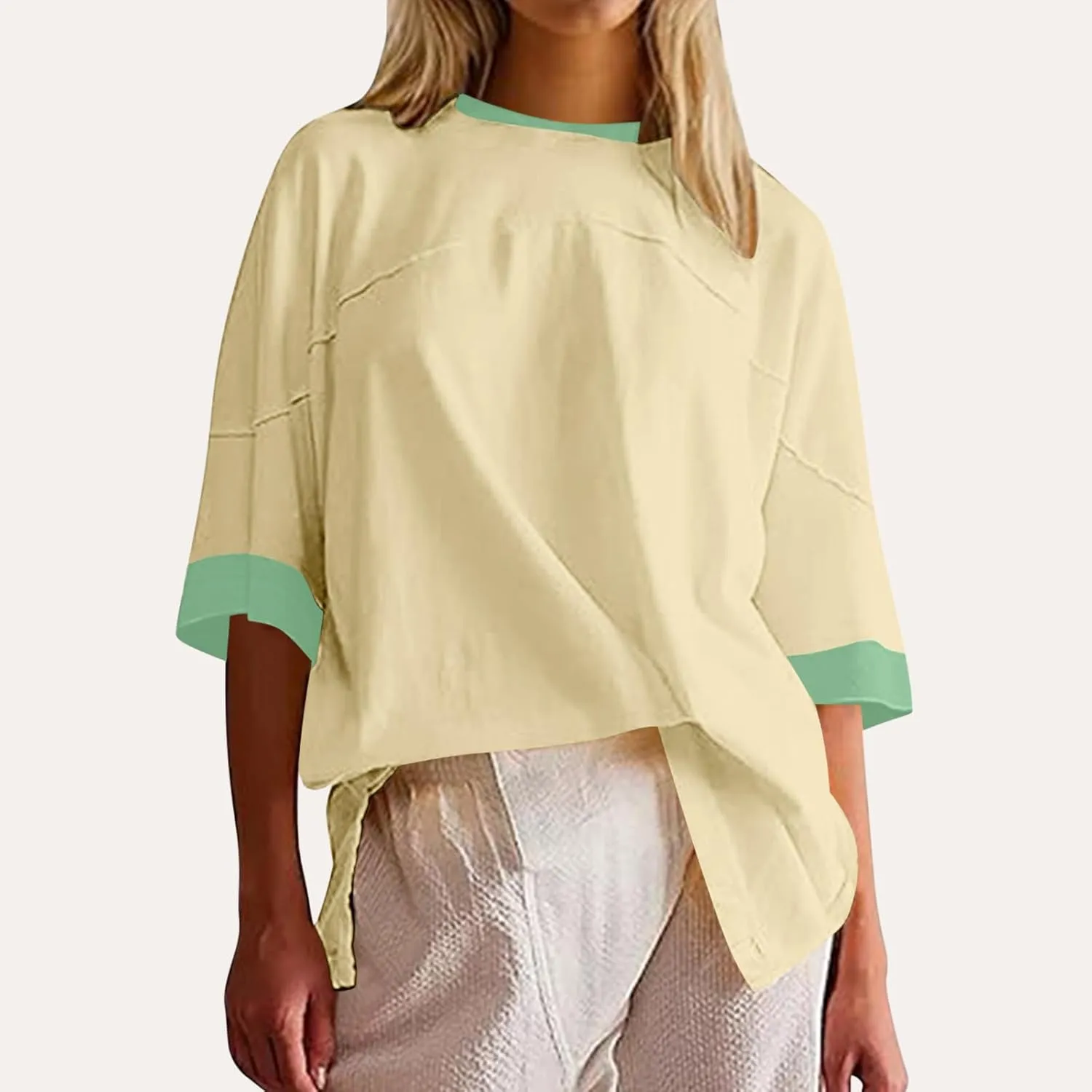 Women Oversized Color Block 3/4 Sleeve T Shirt Crewneck Patchwork Split Hem Shirt Casual Loose Summer Tee Tops