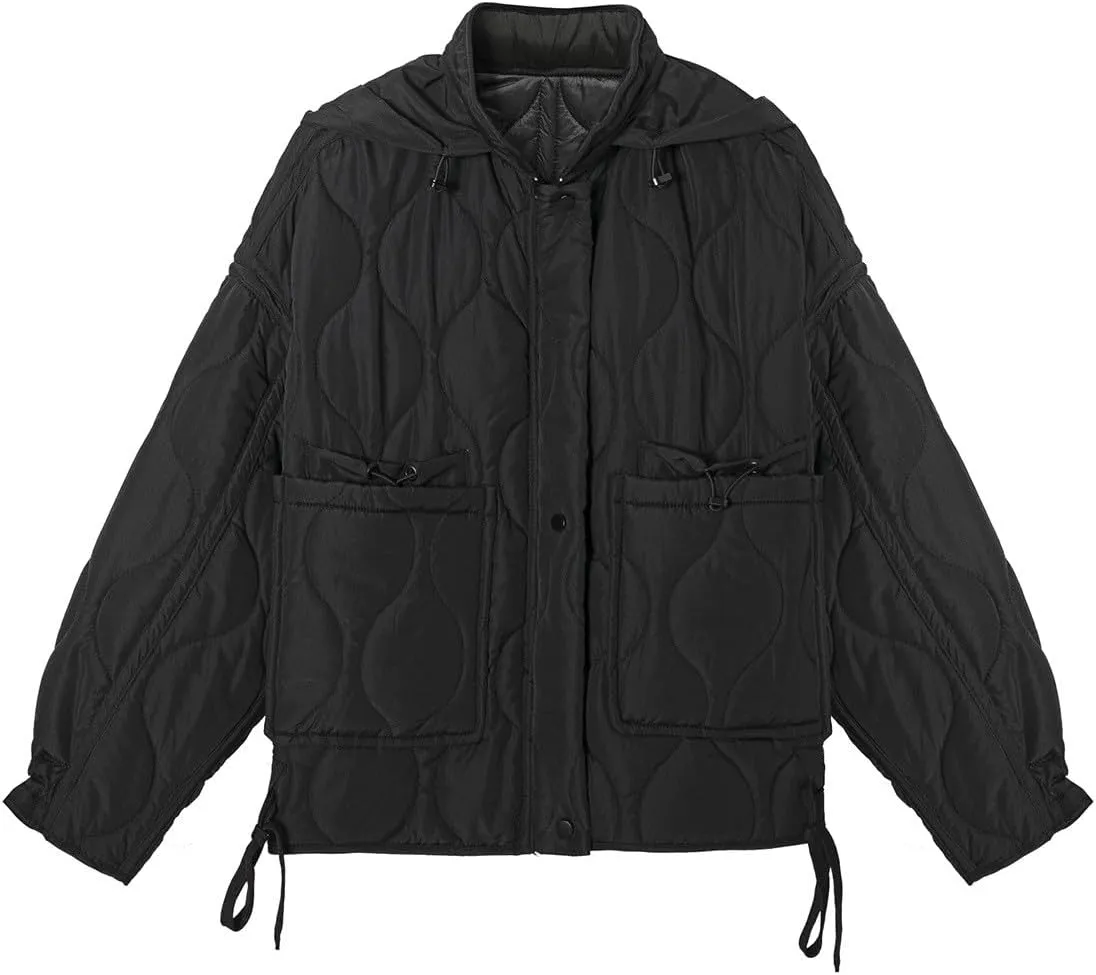 Women Quilted Jacket Zip Up Oversized Warm Winter Coats Stand Collar Lightweight Puffer Jacket Padded Down Coat Outwear