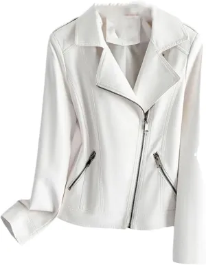 Women Red Split Sheepskin Jackets Zipper Short Full Sleeve Moto Biker Jackets Leather Coats