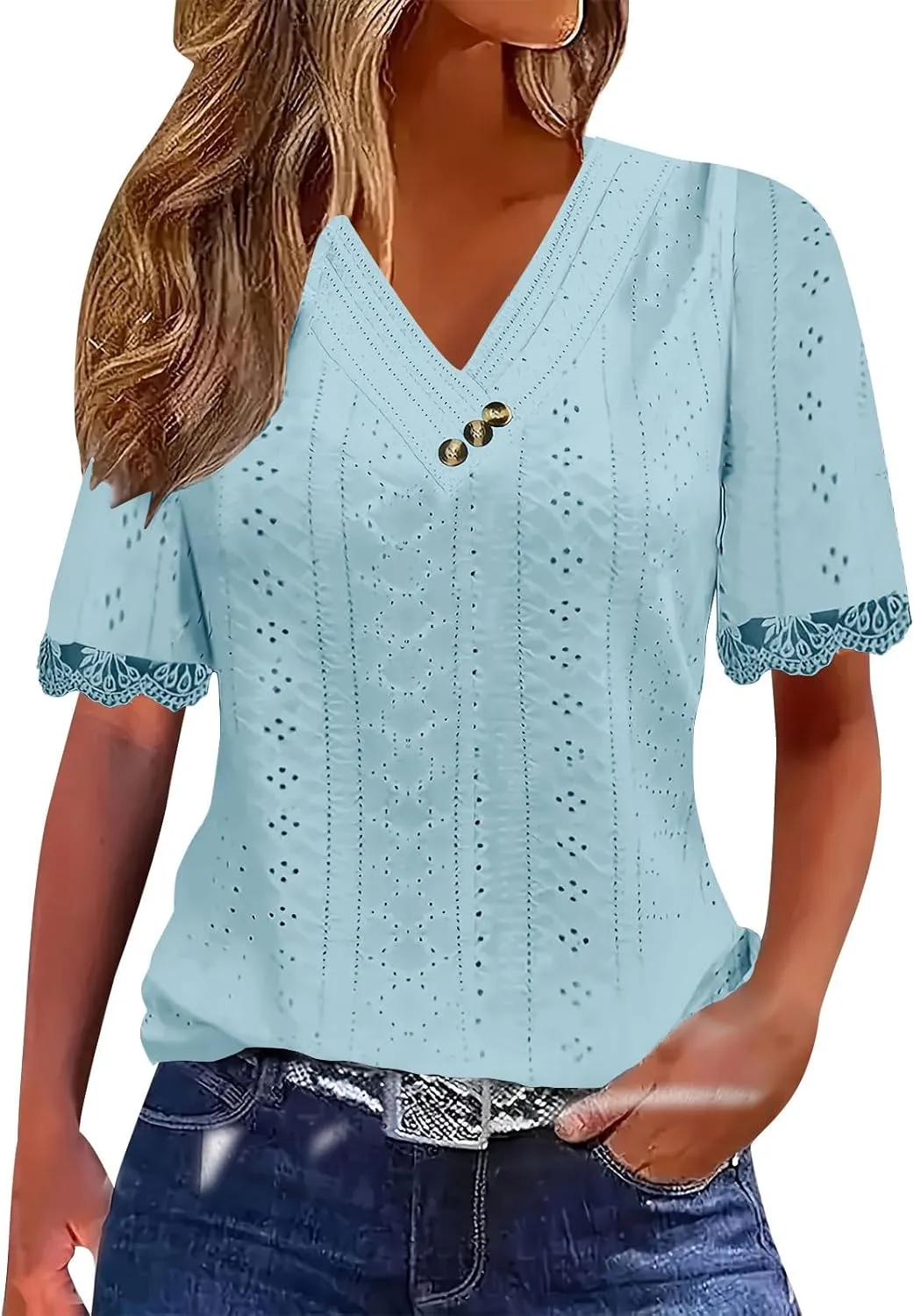 Women Short Sleeve Tops Summer V Neck Button Shirts Lace Blouse Comfy Tshirt Eyelet Tees Boho T-shirt Loose T Shirt