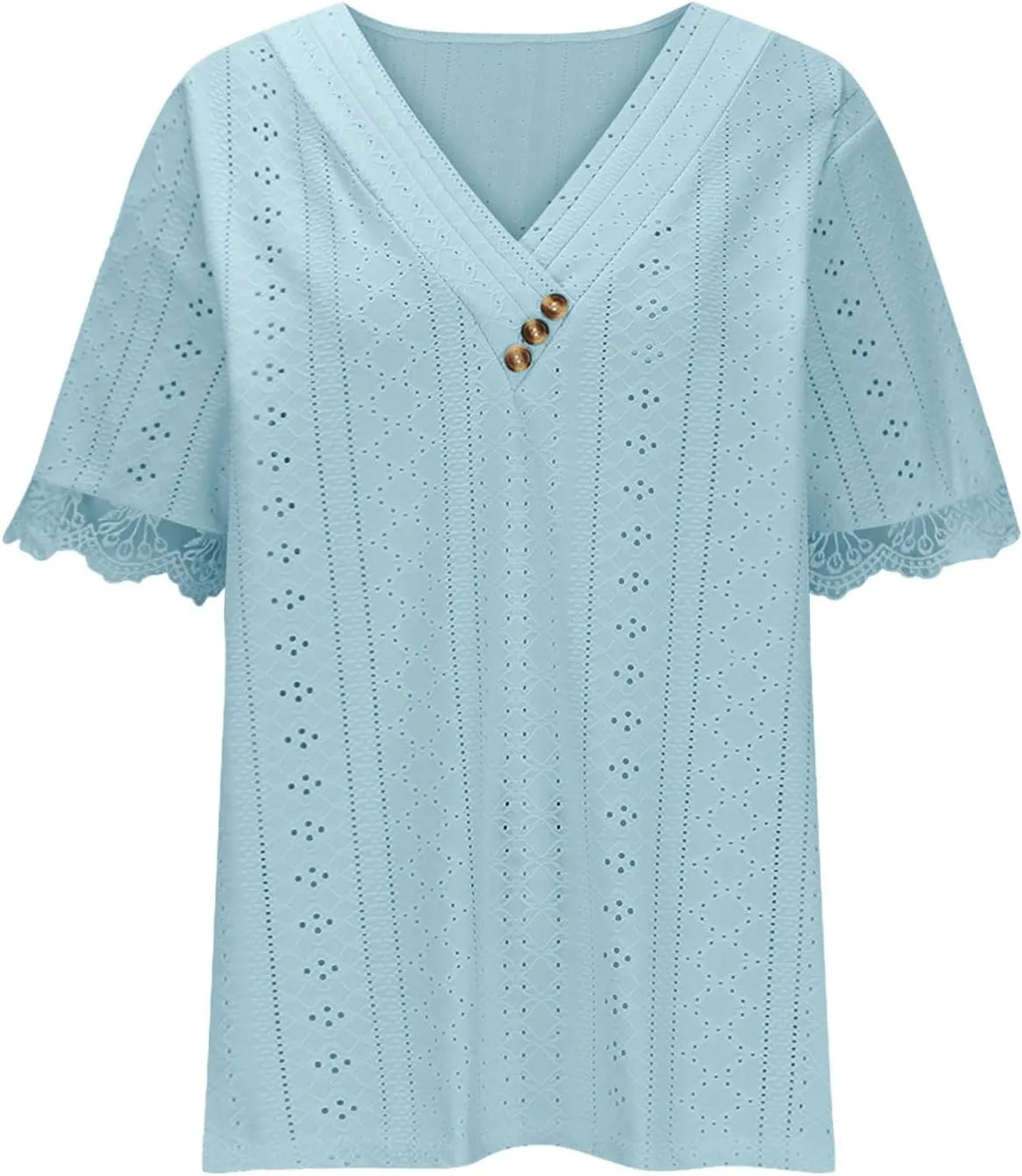 Women Short Sleeve Tops Summer V Neck Button Shirts Lace Blouse Comfy Tshirt Eyelet Tees Boho T-shirt Loose T Shirt