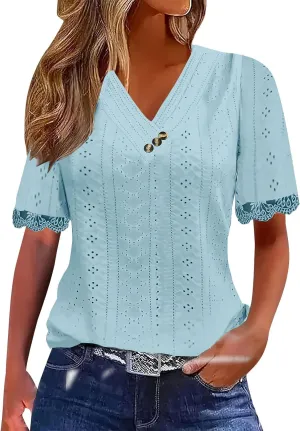 Women Short Sleeve Tops Summer V Neck Button Shirts Lace Blouse Comfy Tshirt Eyelet Tees Boho T-shirt Loose T Shirt