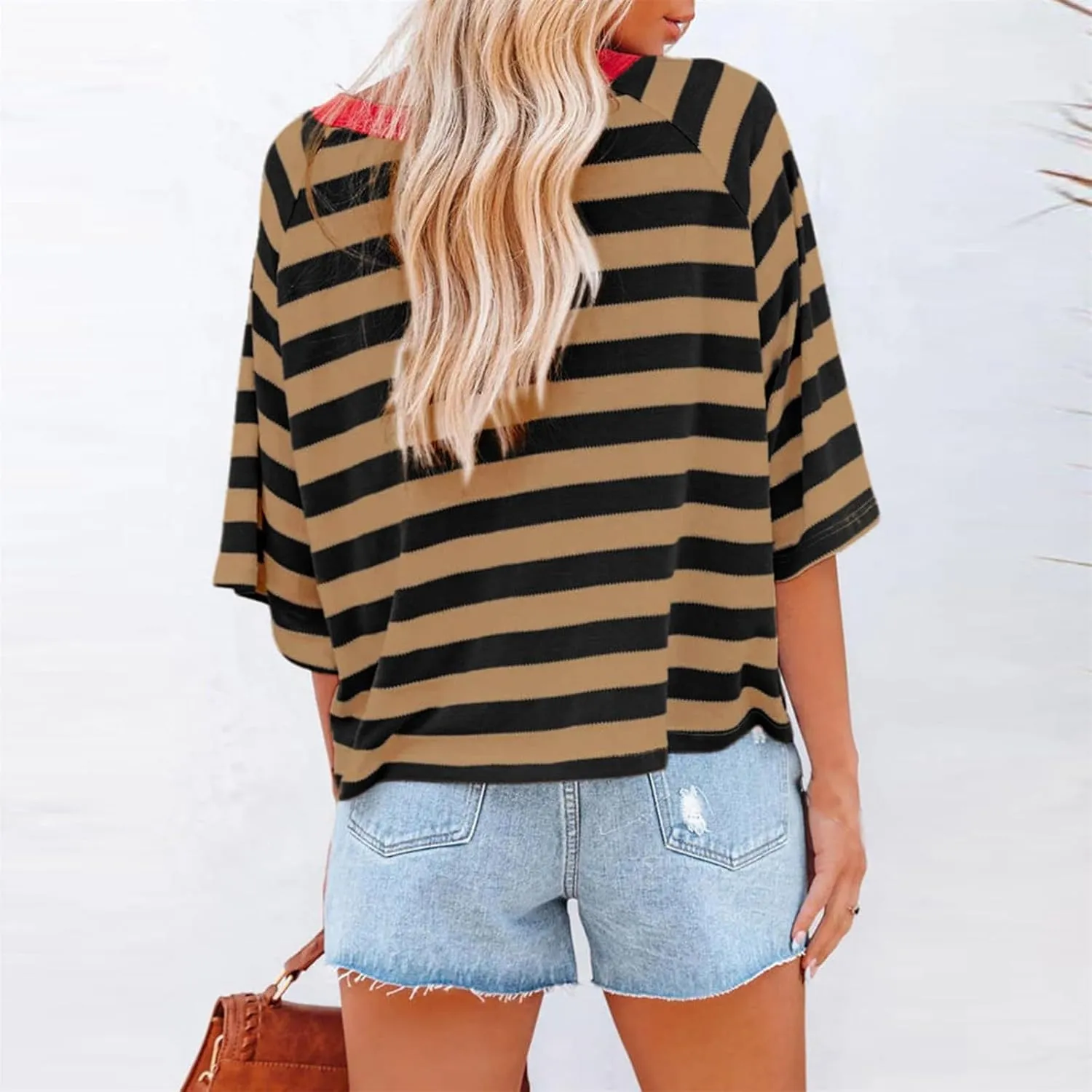 Women Striped Color Block T-Shirts Oversized Baggy Crew Neck Basic Cotton Preppy Shirt 3/4 Sleeve Casual Fall Tops