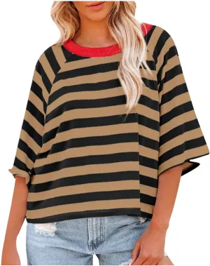 Women Striped Color Block T-Shirts Oversized Baggy Crew Neck Basic Cotton Preppy Shirt 3/4 Sleeve Casual Fall Tops