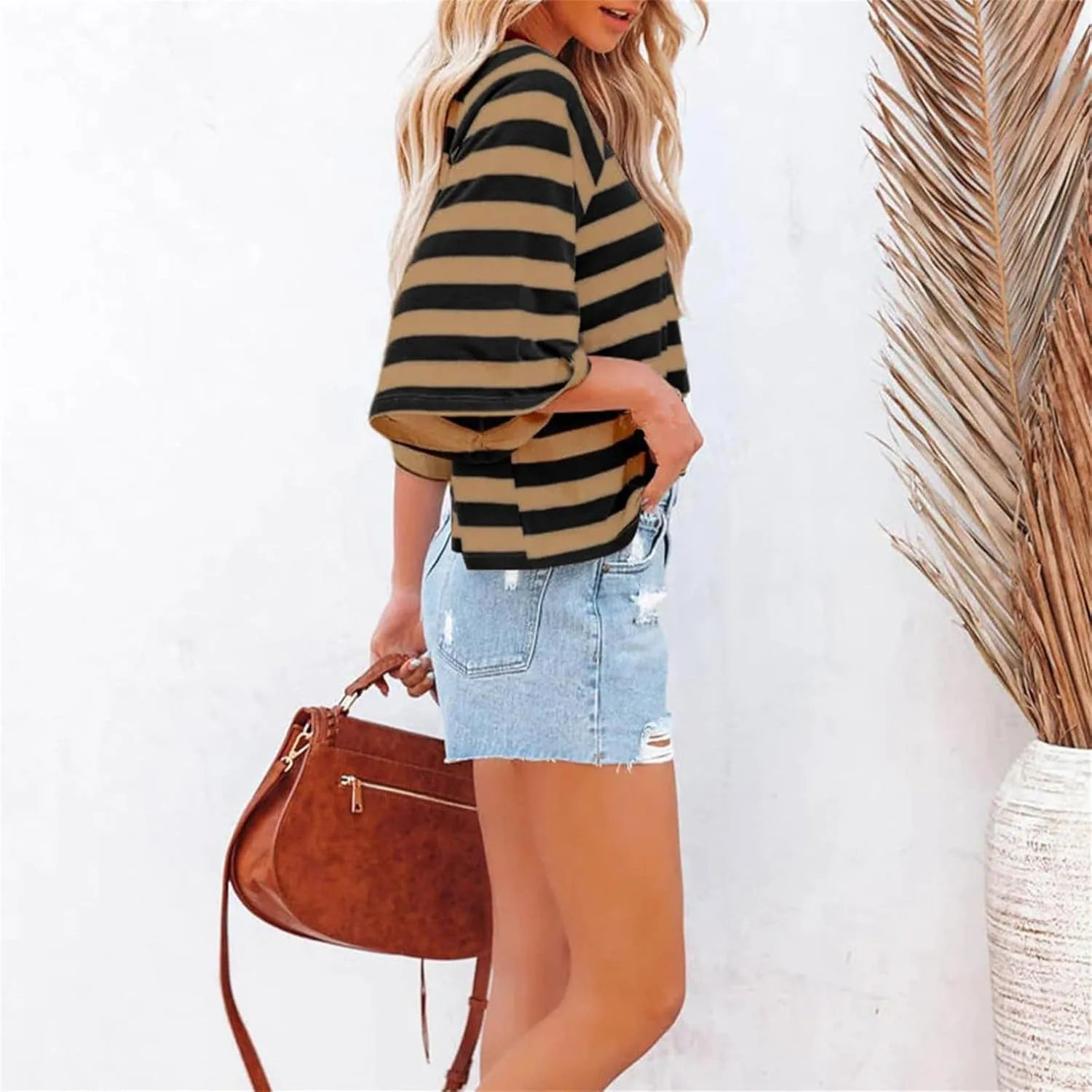 Women Striped Color Block T-Shirts Oversized Baggy Crew Neck Basic Cotton Preppy Shirt 3/4 Sleeve Casual Fall Tops