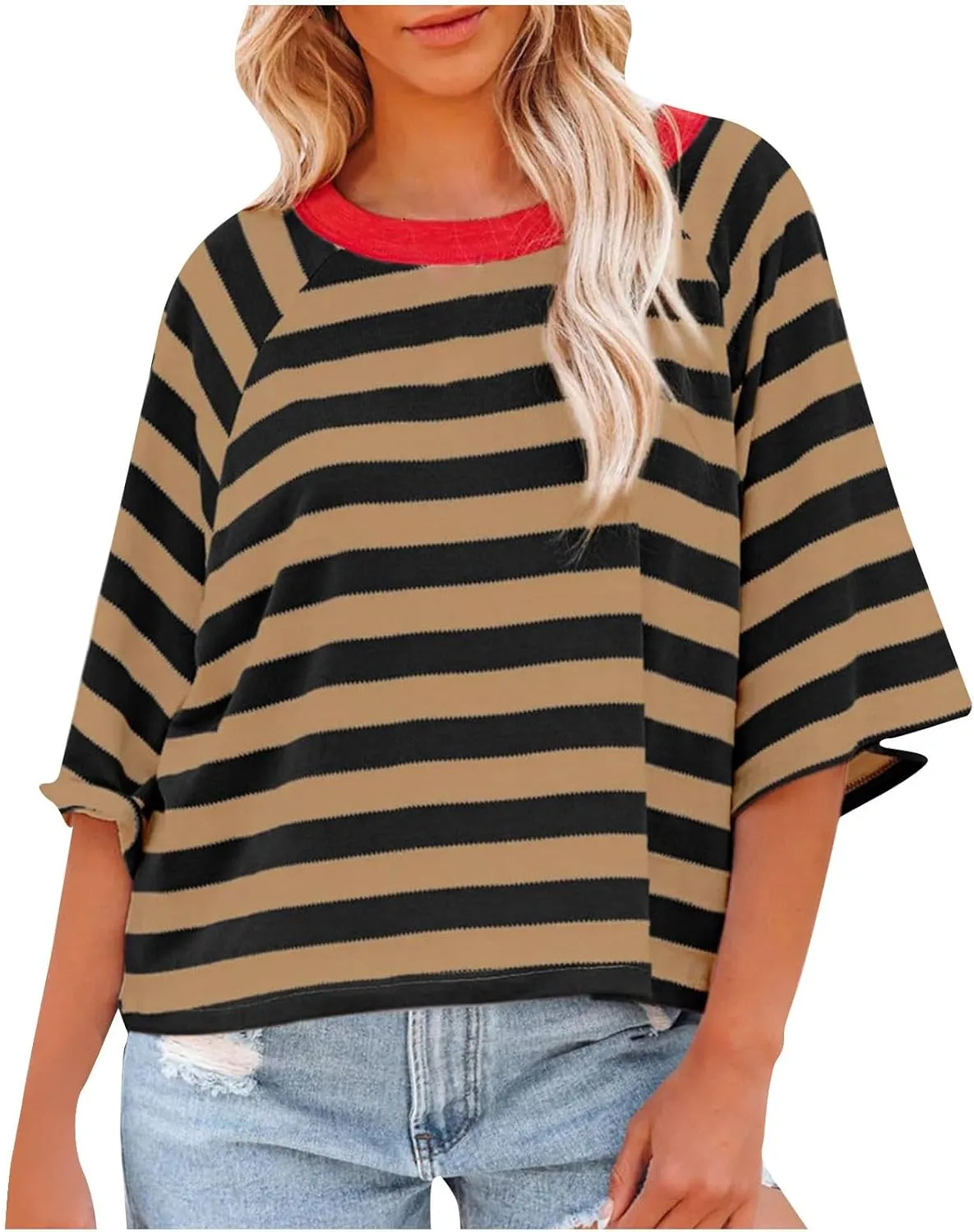 Women Striped Color Block T-Shirts Oversized Baggy Crew Neck Basic Cotton Preppy Shirt 3/4 Sleeve Casual Fall Tops