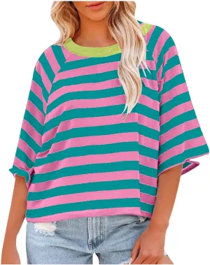 Women Striped Color Block T-Shirts Oversized Baggy Crew Neck Basic Cotton Preppy Shirt 3/4 Sleeve Casual Fall Tops