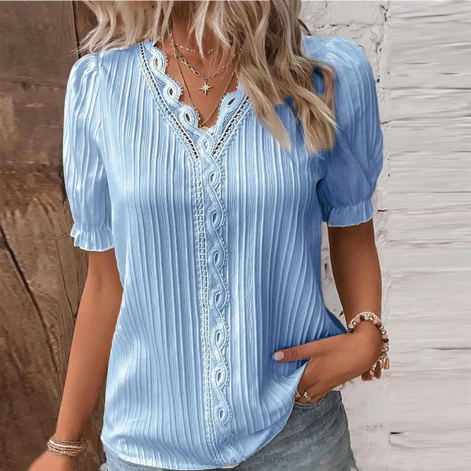 Women Summer Casual V Neck Plain Lace Elegant Shirt 2025 Trendy Solid Color Puff Sleeve Loose Fit Hollow Blouses