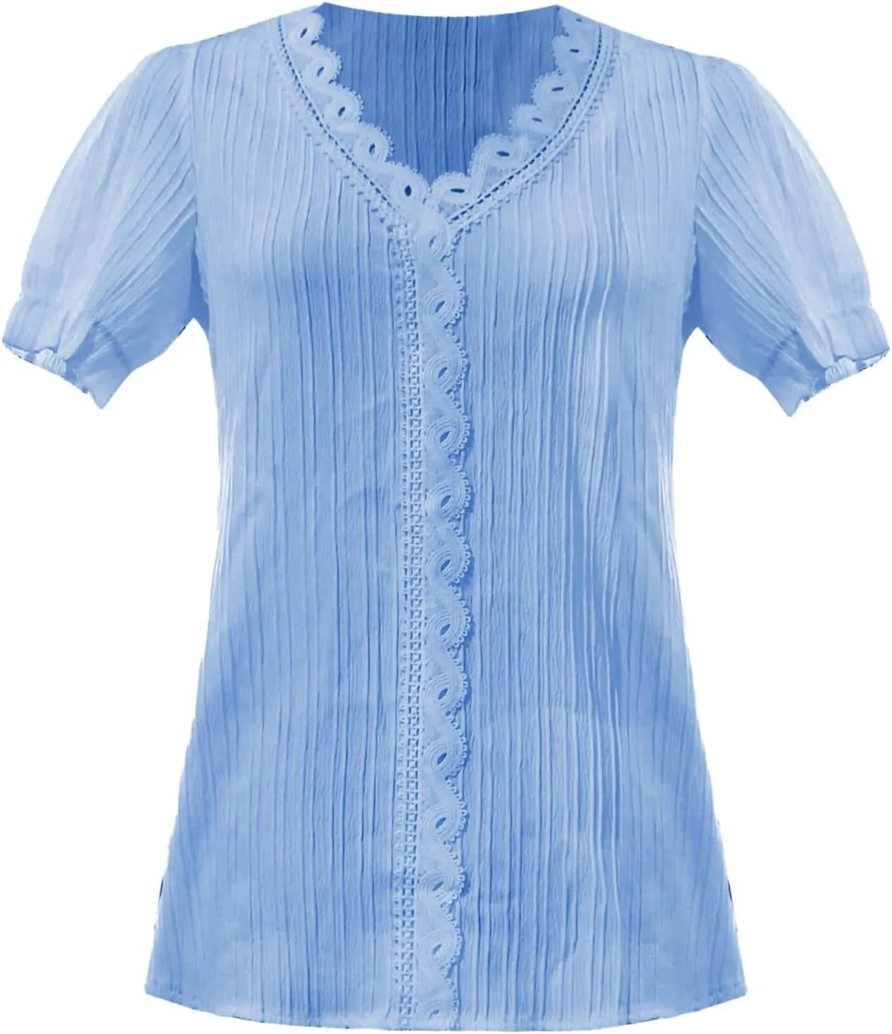Women Summer Casual V Neck Plain Lace Elegant Shirt 2025 Trendy Solid Color Puff Sleeve Loose Fit Hollow Blouses
