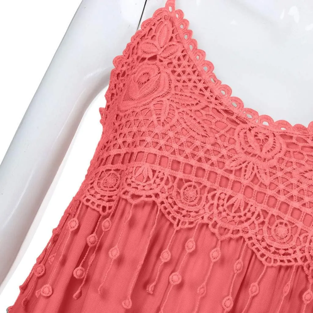 Women Summer Halter Dresses Embroidered Eyelet Floral Printed Tassel Midi Dress Plain Ruffle Hem Cute Sundress