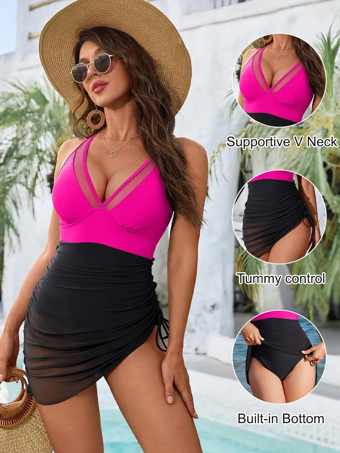 Women Swimsuit with Mesh Sheer Sarong Wraps, One Piece Swim Dress Tummy Control Swimsuits Bathing Suit,Backless Swimming Suit