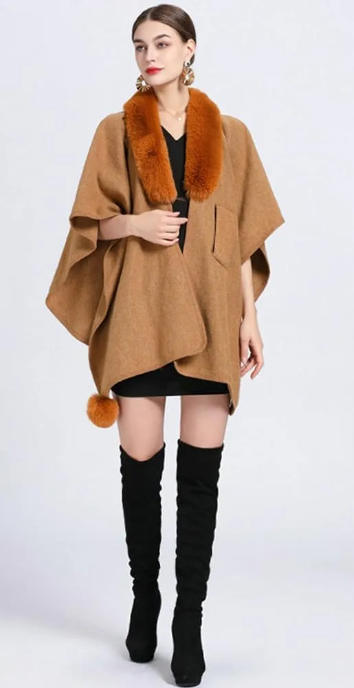 Women Winter Chunky Fuzzy Collar Cape Sweater Warm Cozy Knitted Cardigan Coat Shawl Wraps Cross Front Poncho Pashmina