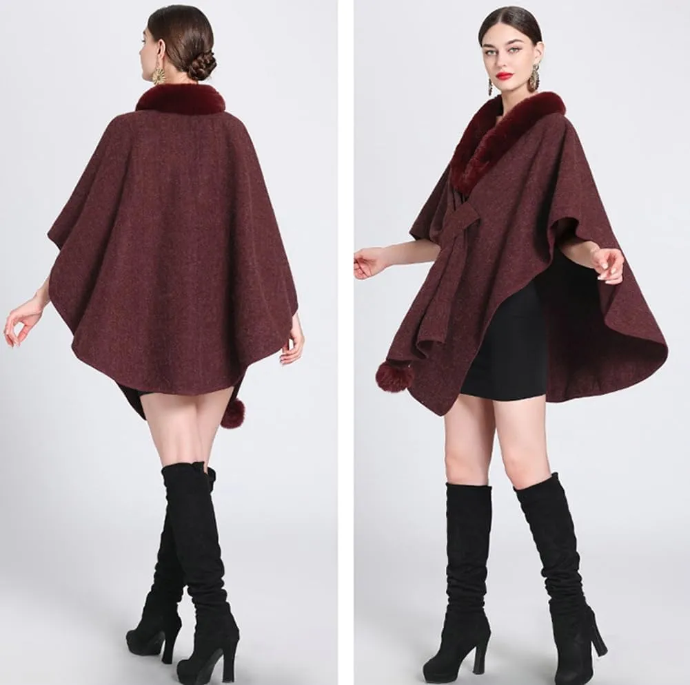 Women Winter Chunky Fuzzy Collar Cape Sweater Warm Cozy Knitted Cardigan Coat Shawl Wraps Cross Front Poncho Pashmina