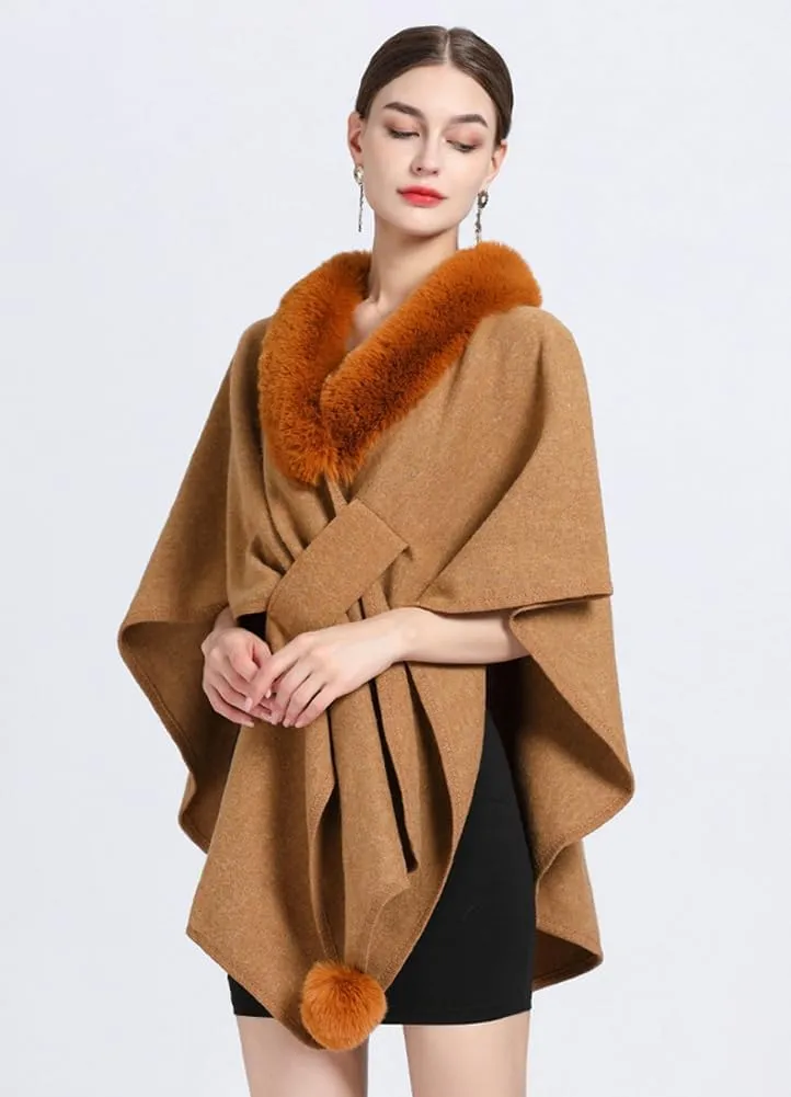 Women Winter Chunky Fuzzy Collar Cape Sweater Warm Cozy Knitted Cardigan Coat Shawl Wraps Cross Front Poncho Pashmina