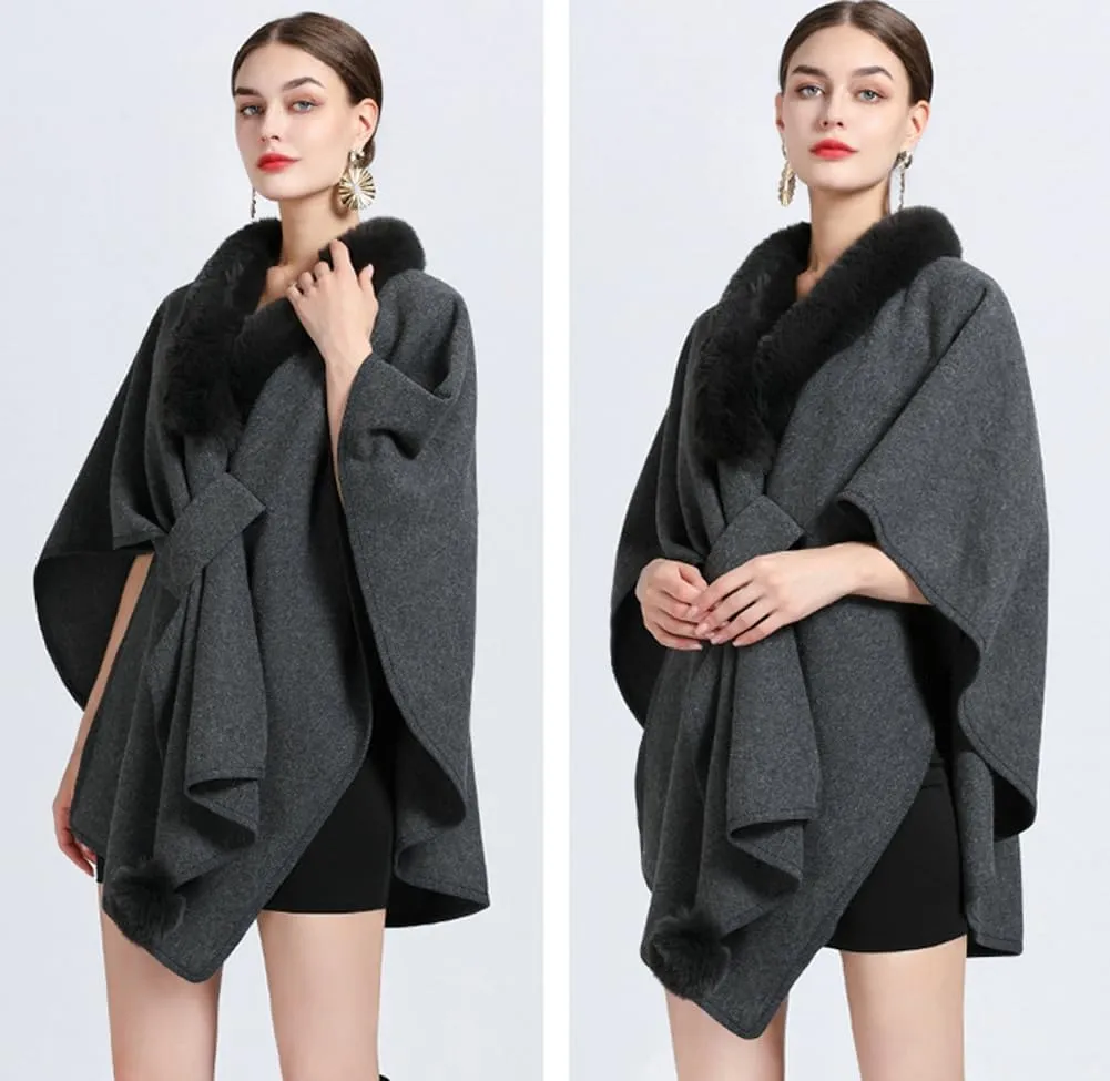 Women Winter Chunky Fuzzy Collar Cape Sweater Warm Cozy Knitted Cardigan Coat Shawl Wraps Cross Front Poncho Pashmina