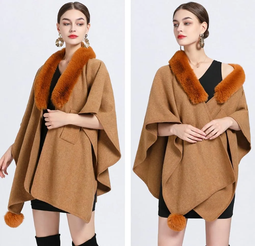 Women Winter Chunky Fuzzy Collar Cape Sweater Warm Cozy Knitted Cardigan Coat Shawl Wraps Cross Front Poncho Pashmina