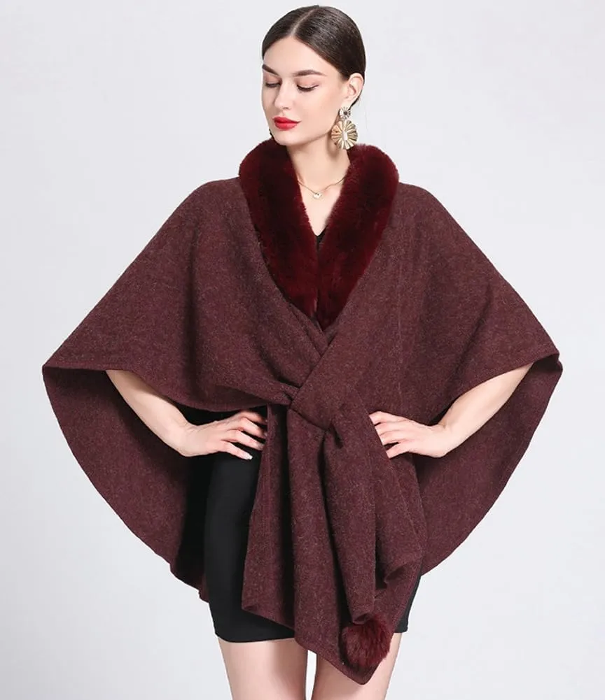 Women Winter Chunky Fuzzy Collar Cape Sweater Warm Cozy Knitted Cardigan Coat Shawl Wraps Cross Front Poncho Pashmina