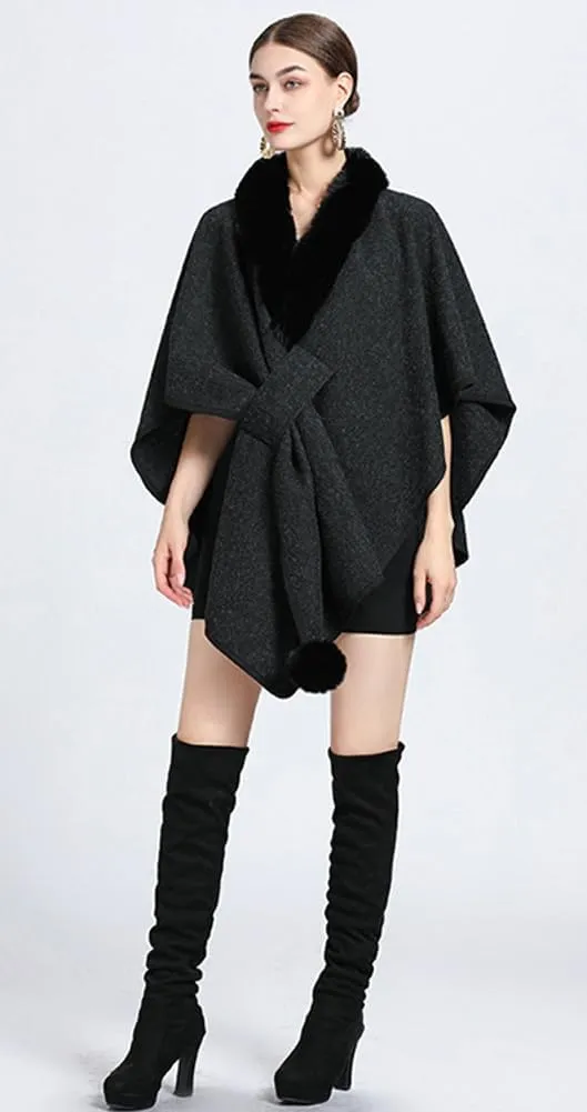 Women Winter Chunky Fuzzy Collar Cape Sweater Warm Cozy Knitted Cardigan Coat Shawl Wraps Cross Front Poncho Pashmina