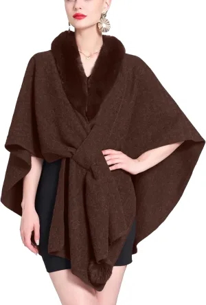 Women Winter Chunky Fuzzy Collar Cape Sweater Warm Cozy Knitted Cardigan Coat Shawl Wraps Cross Front Poncho Pashmina