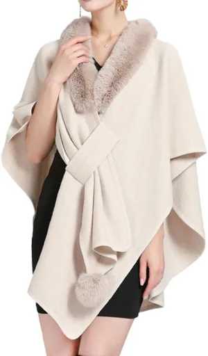 Women Winter Chunky Fuzzy Collar Cape Sweater Warm Cozy Knitted Cardigan Coat Shawl Wraps Cross Front Poncho Pashmina