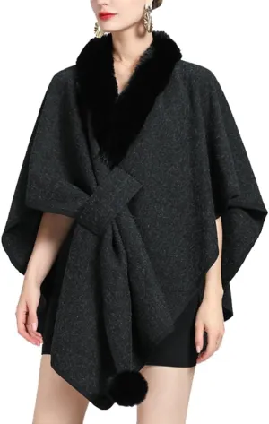 Women Winter Chunky Fuzzy Collar Cape Sweater Warm Cozy Knitted Cardigan Coat Shawl Wraps Cross Front Poncho Pashmina