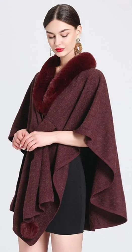 Women Winter Chunky Fuzzy Collar Cape Sweater Warm Cozy Knitted Cardigan Coat Shawl Wraps Cross Front Poncho Pashmina