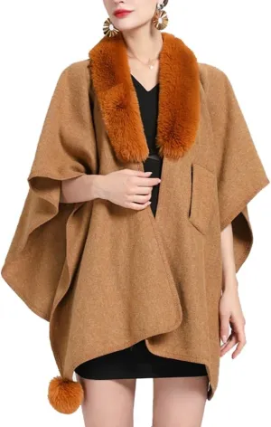 Women Winter Chunky Fuzzy Collar Cape Sweater Warm Cozy Knitted Cardigan Coat Shawl Wraps Cross Front Poncho Pashmina