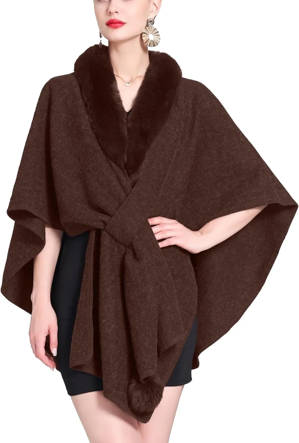 Women Winter Chunky Fuzzy Collar Cape Sweater Warm Cozy Knitted Cardigan Coat Shawl Wraps Cross Front Poncho Pashmina
