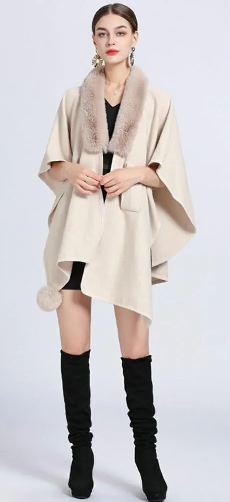 Women Winter Chunky Fuzzy Collar Cape Sweater Warm Cozy Knitted Cardigan Coat Shawl Wraps Cross Front Poncho Pashmina