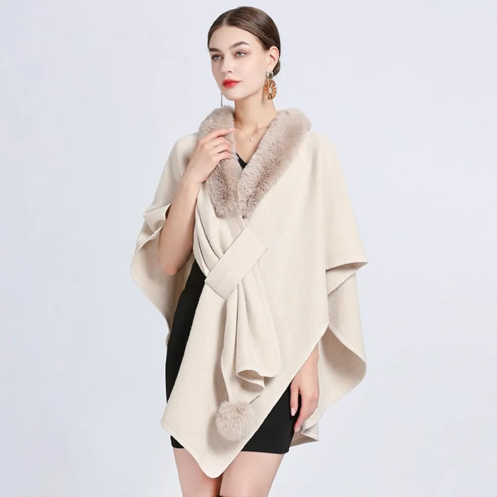 Women Winter Chunky Fuzzy Collar Cape Sweater Warm Cozy Knitted Cardigan Coat Shawl Wraps Cross Front Poncho Pashmina