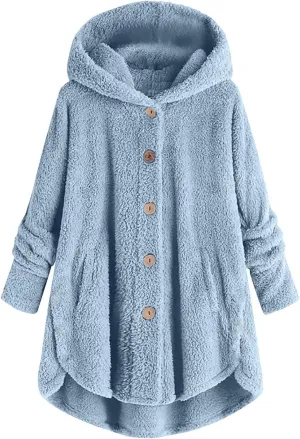 Women Winter Plush Coats Plus Size Button Hooded Cardigan Coat Loose Casual Outerwear Fleece Wool Jacket