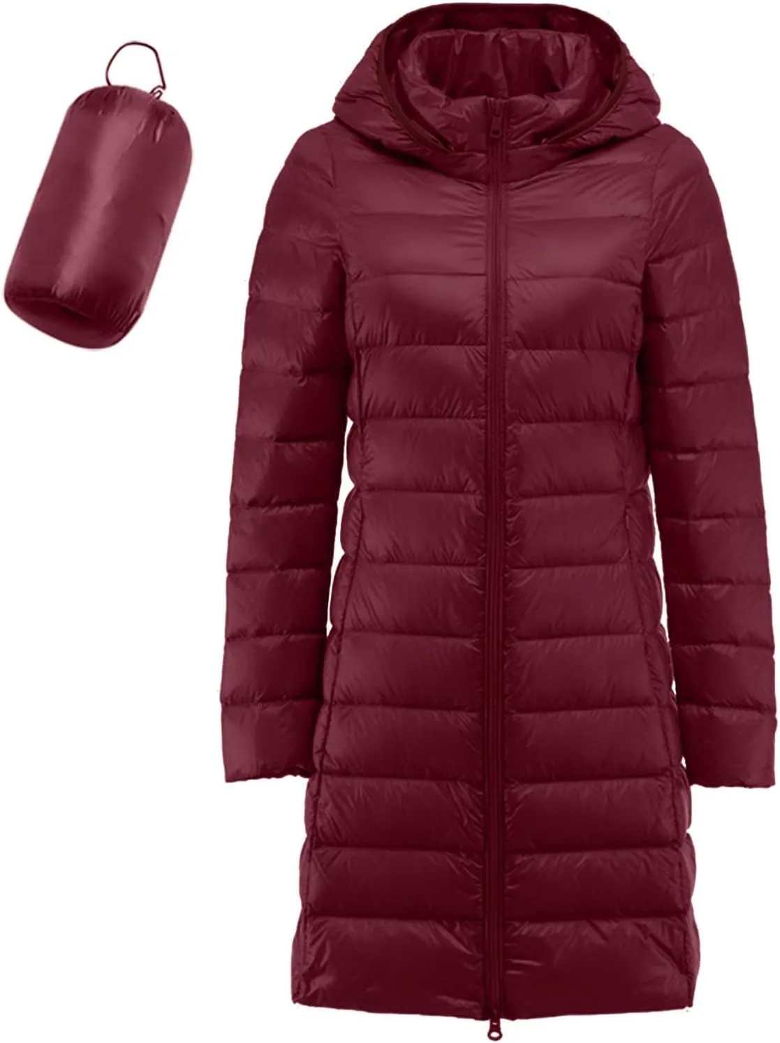 Womens 2024 Classic Elegant Zip Up Long Puffer Coat Long Sleeve Hooded Quilted Down Coat Insulated Fitted Soft Overcoat
