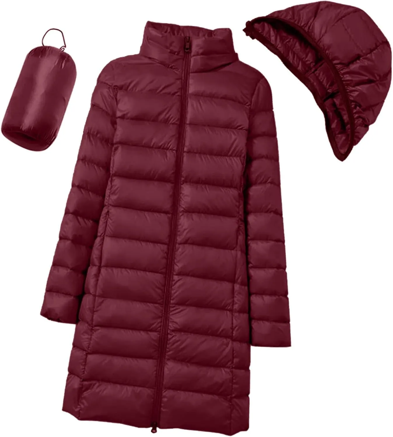 Womens 2024 Classic Elegant Zip Up Long Puffer Coat Long Sleeve Hooded Quilted Down Coat Insulated Fitted Soft Overcoat