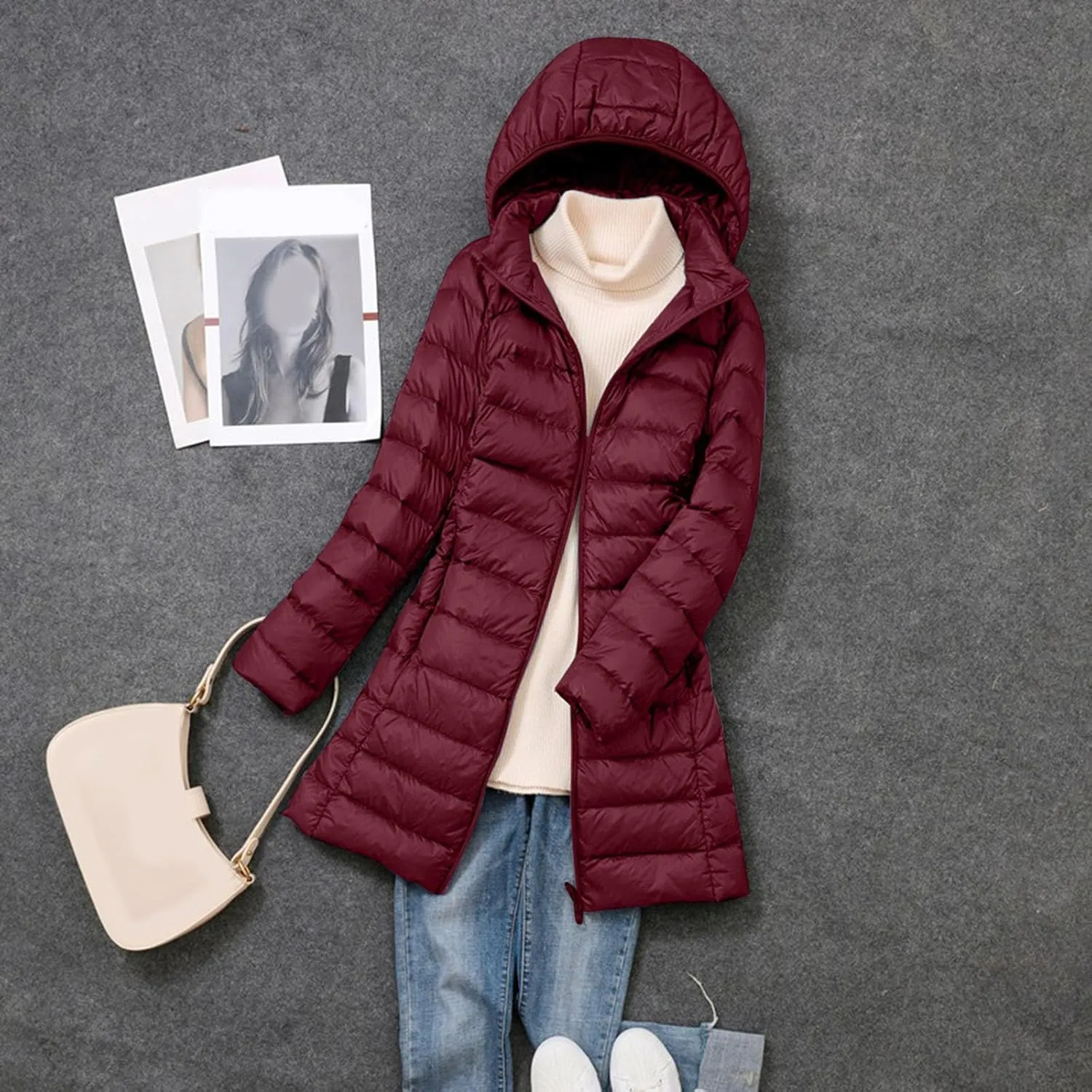 Womens 2024 Classic Elegant Zip Up Long Puffer Coat Long Sleeve Hooded Quilted Down Coat Insulated Fitted Soft Overcoat