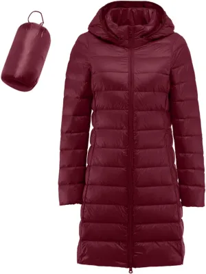 Womens 2024 Classic Elegant Zip Up Long Puffer Coat Long Sleeve Hooded Quilted Down Coat Insulated Fitted Soft Overcoat