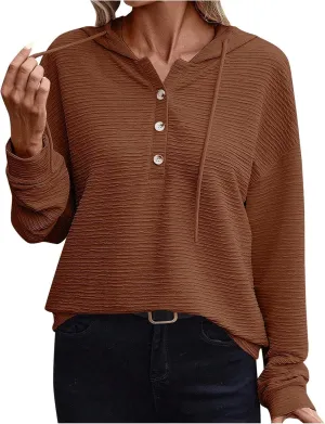 Womens 2024 Hooded Button Drawstring Hoodies Pullover Sweatshirts Casual Long Sleeve Tops Shirts Trendy Warm Tops