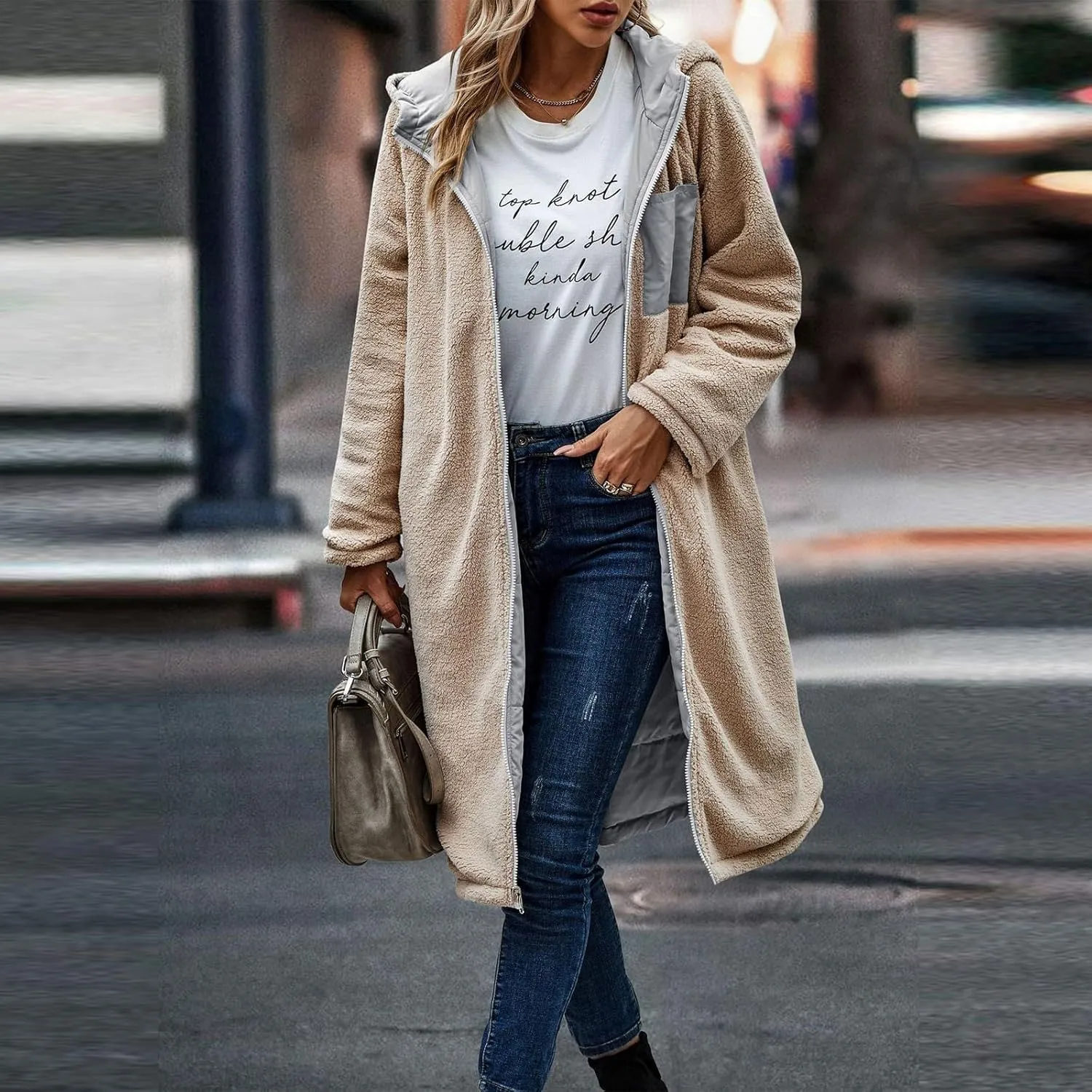 Women's 2024 Winter Fashion Clothes Oversized Fleece Long Coats Jackets Zip Up Warm Coats Long Hooded Puffer Jackets