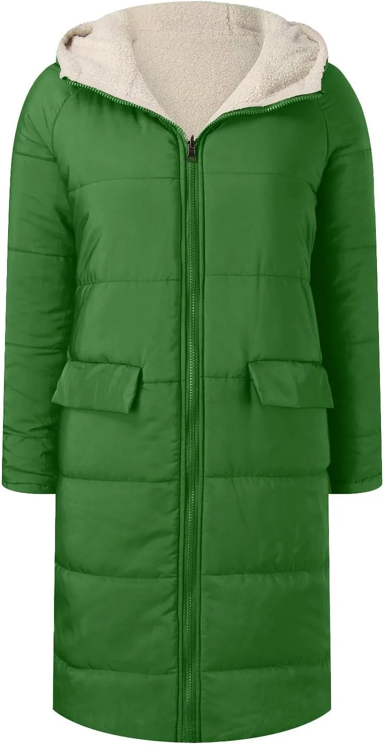 Women's 2024 Winter Fashion Clothes Oversized Fleece Long Coats Jackets Zip Up Warm Coats Long Hooded Puffer Jackets