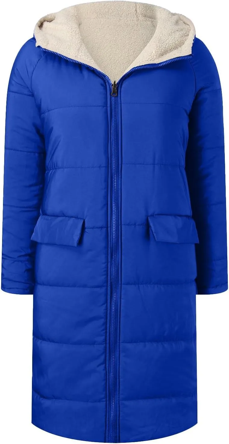 Women's 2024 Winter Fashion Clothes Oversized Fleece Long Coats Jackets Zip Up Warm Coats Long Hooded Puffer Jackets